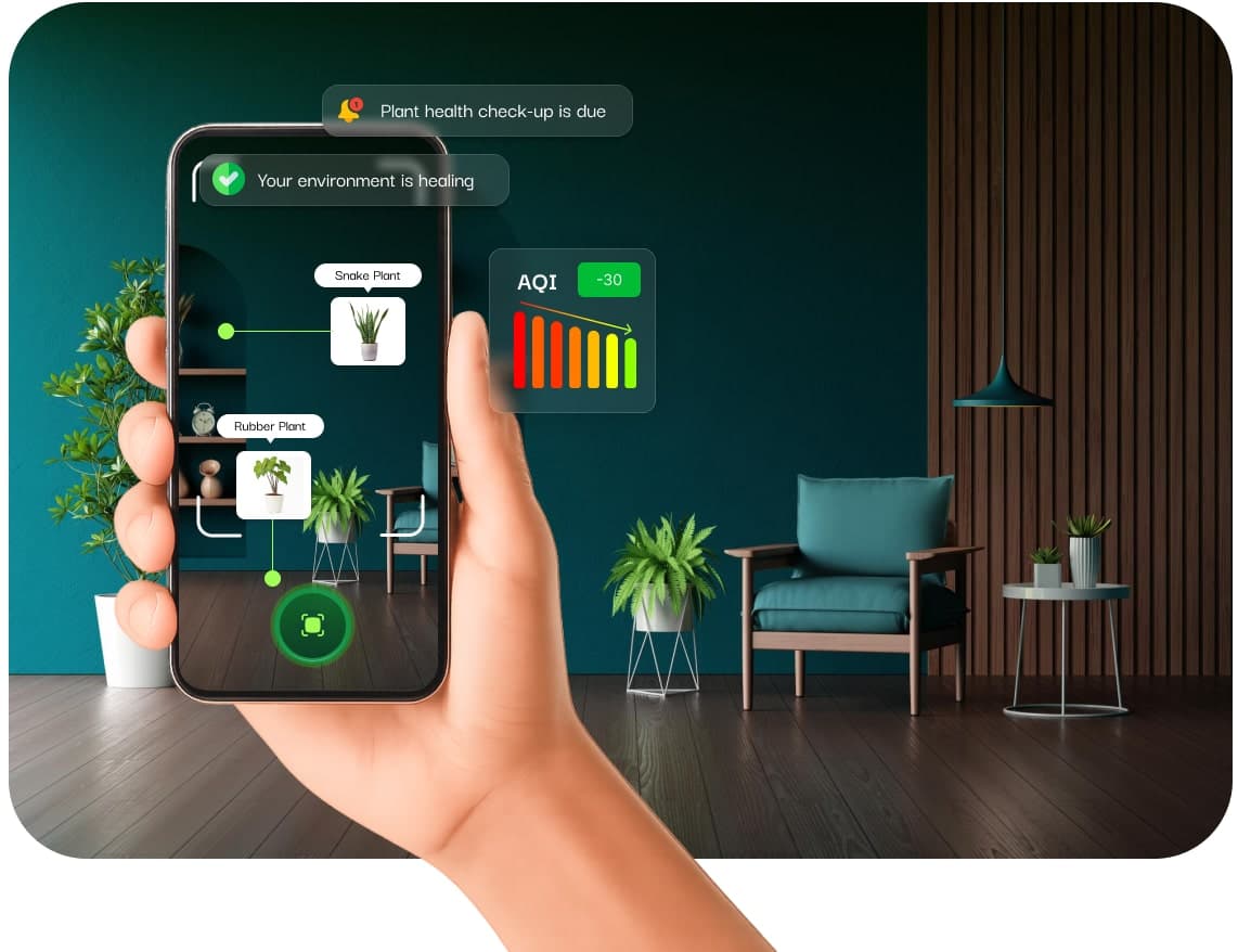Hand holding phone with plant scanning interface